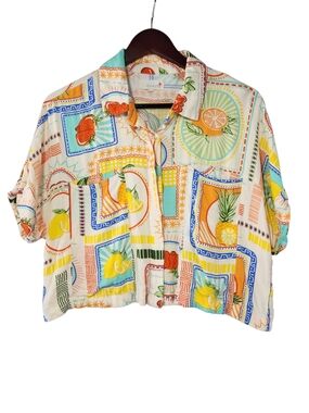 April Kiss Cropped Fruit Print Blouse Large Colorful Citrus Tropical Shirt Boho